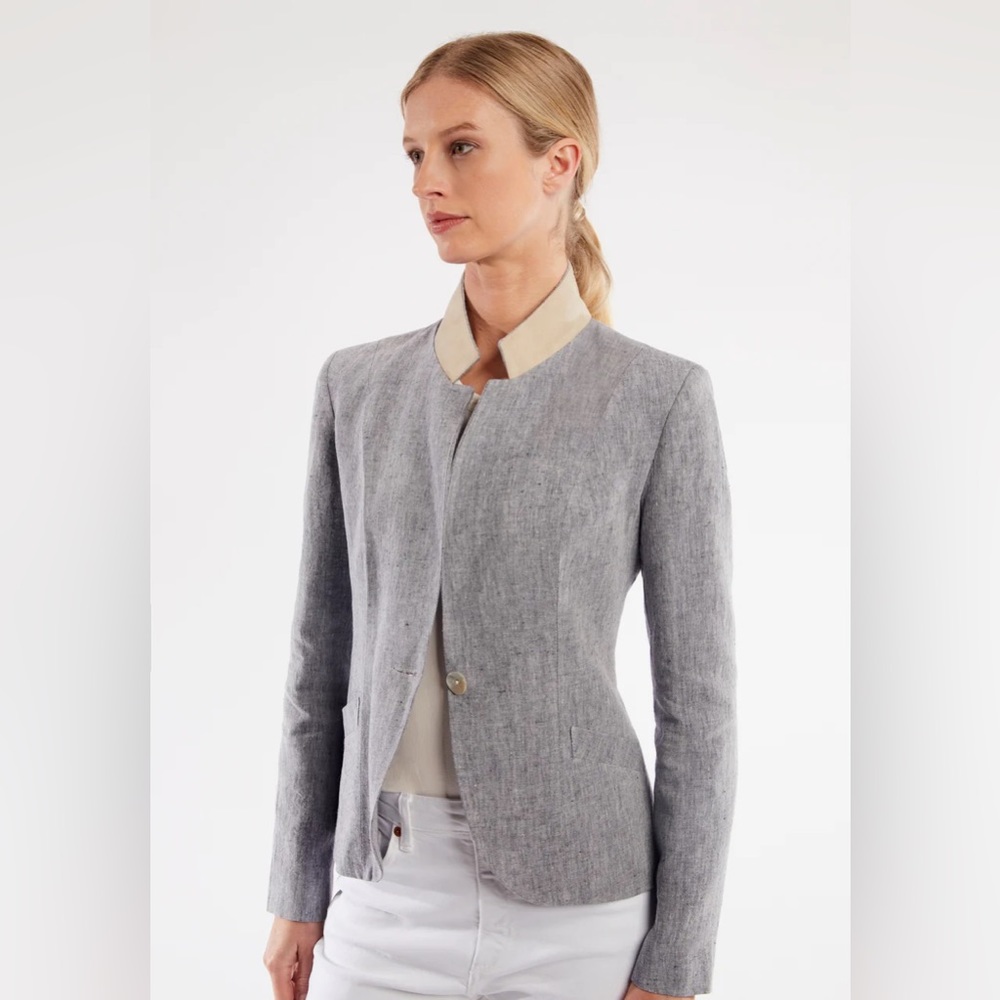 British designer Katherine Hooker Tallulah jacket in white linen and suede.